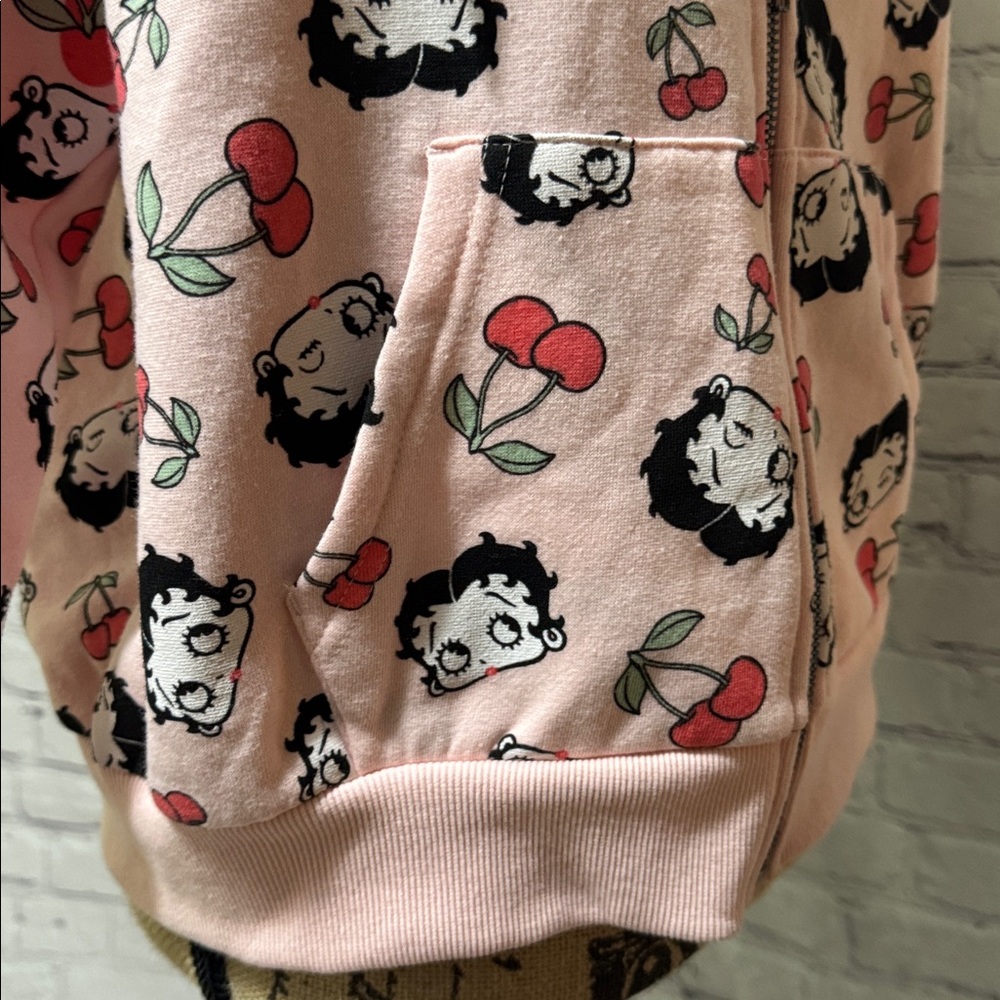 Betty Boop Fleischer Pink Zip Hoodie with Cartoon and Cherry Print front pockets - Picture 6 of 8